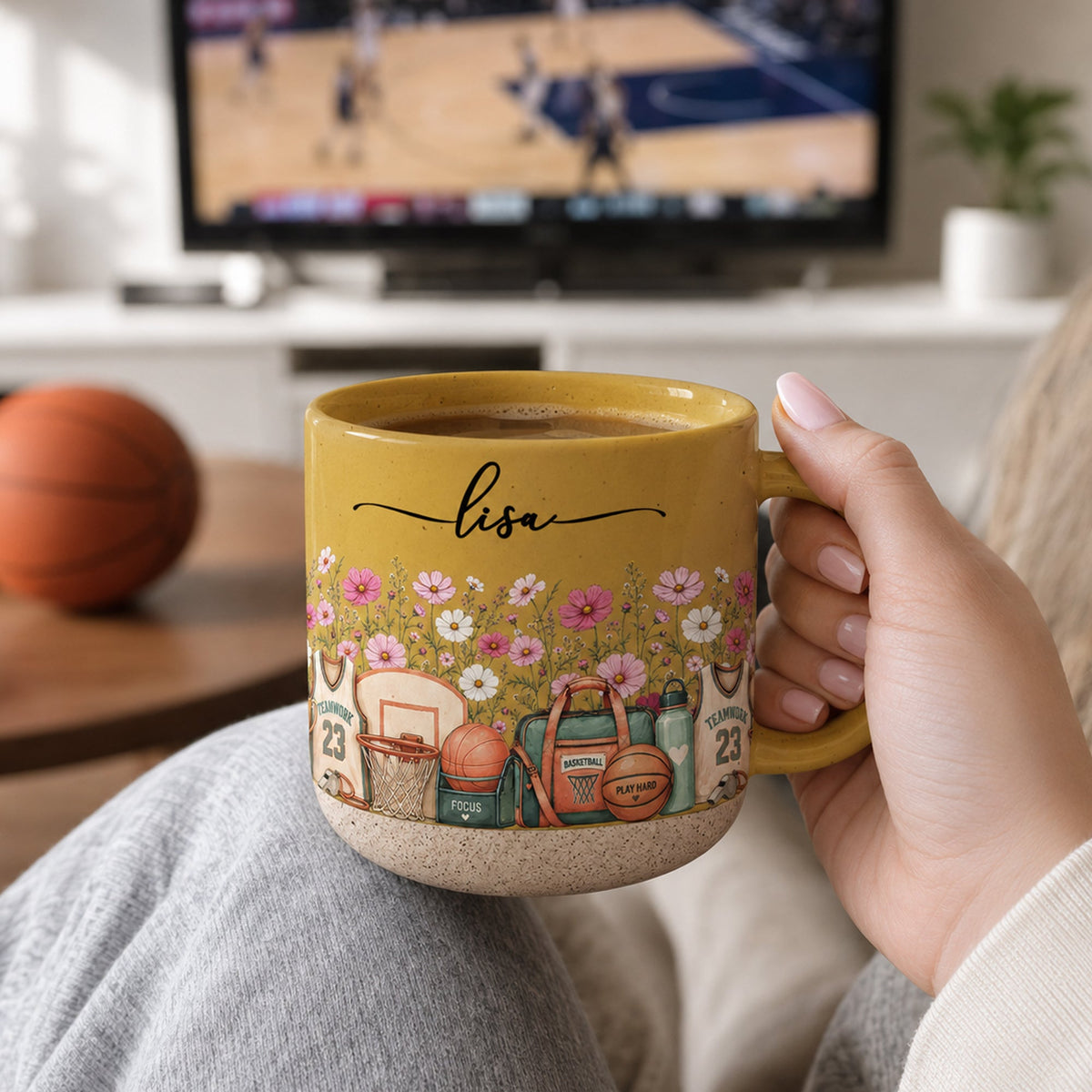 Custom Birth Flower & Name Pottery Mug - Gift For Basketball Fan Basketball Lover - Personalized Mug