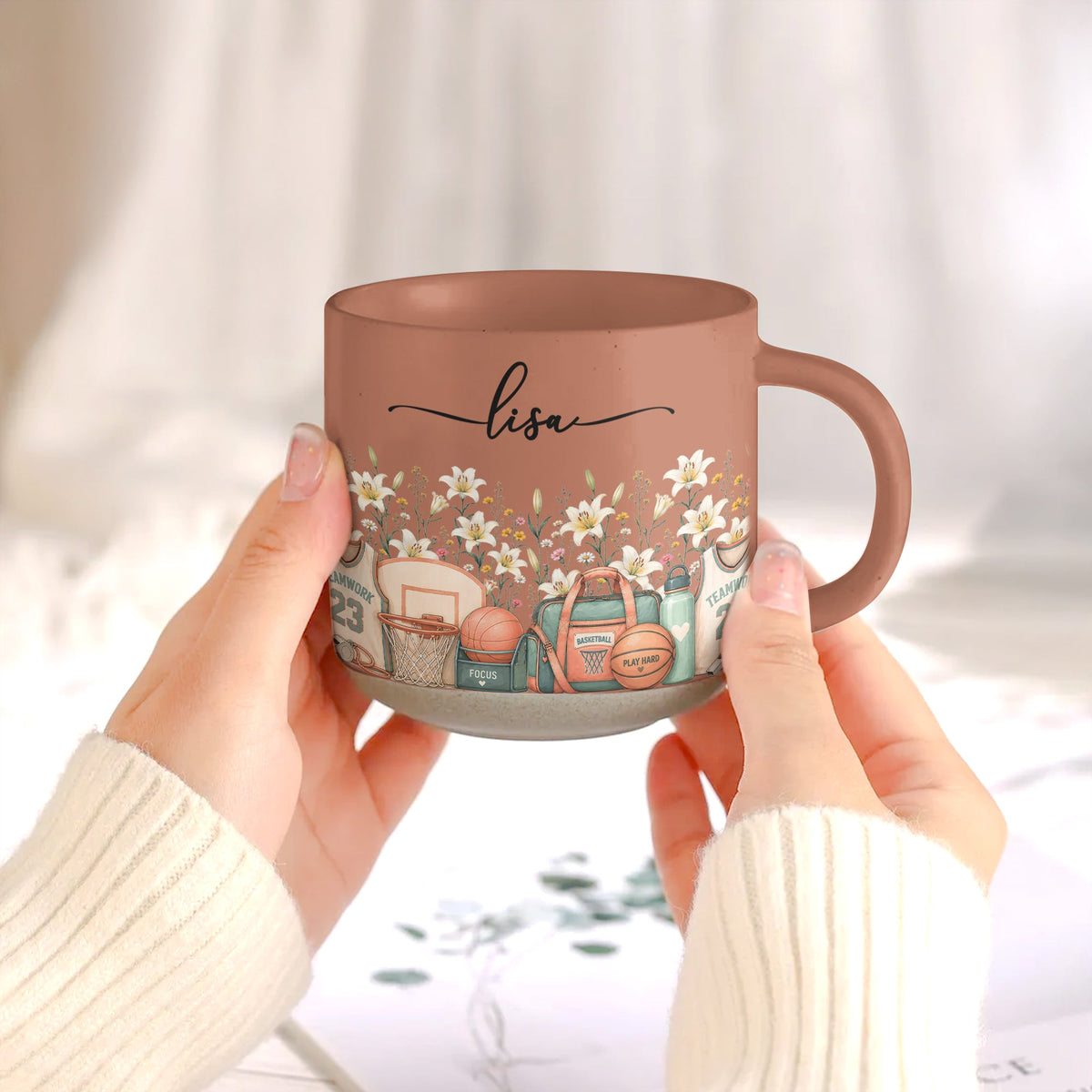 Custom Birth Flower & Name Pottery Mug - Gift For Basketball Fan Basketball Lover - Personalized Mug